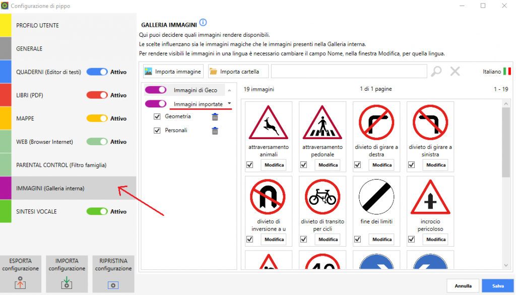 Pannello di configurazione delle immagini con il software GECO