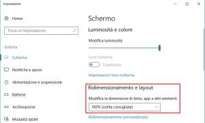 Finestra impostazioni del computer - ridimensionamento e layout al 100%