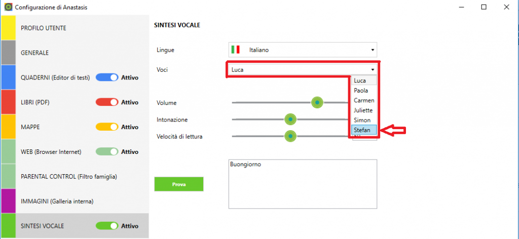 Pannello di configurazione di GECO: voci